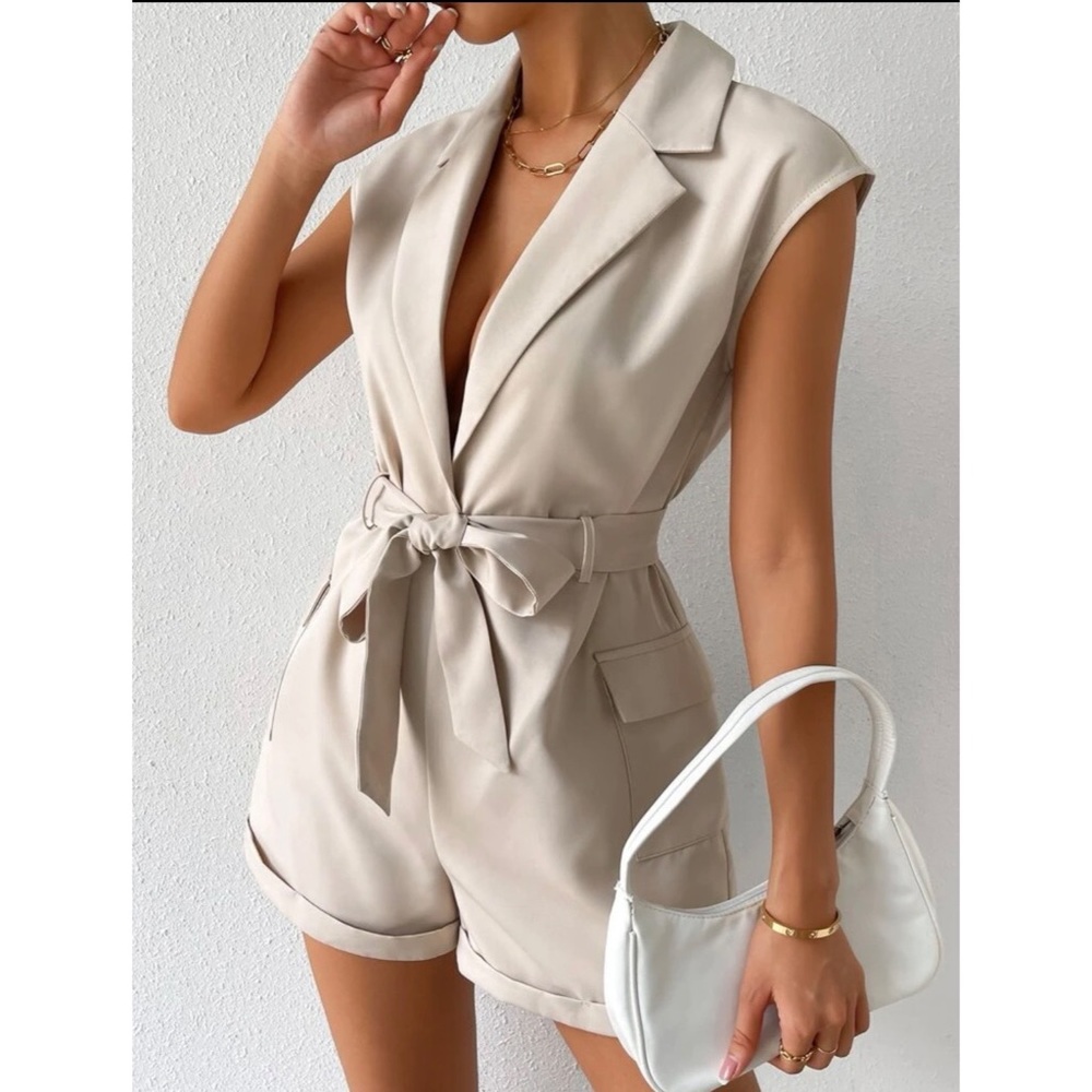 Beige hem belted romper